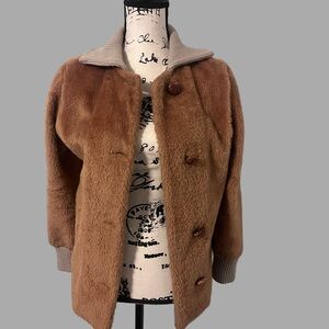 Vintage Camel Faux Fur Coat with Knit Collar & Cuffs – Retro 60s 70s Style SZ M
